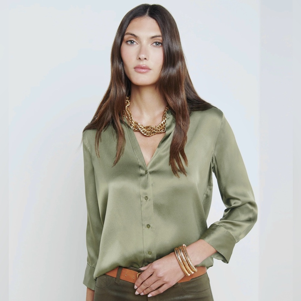 L’Agence Silk Satin Dani Blouse Light Ivy olive green Small Medium 0 2 4 6 $345
